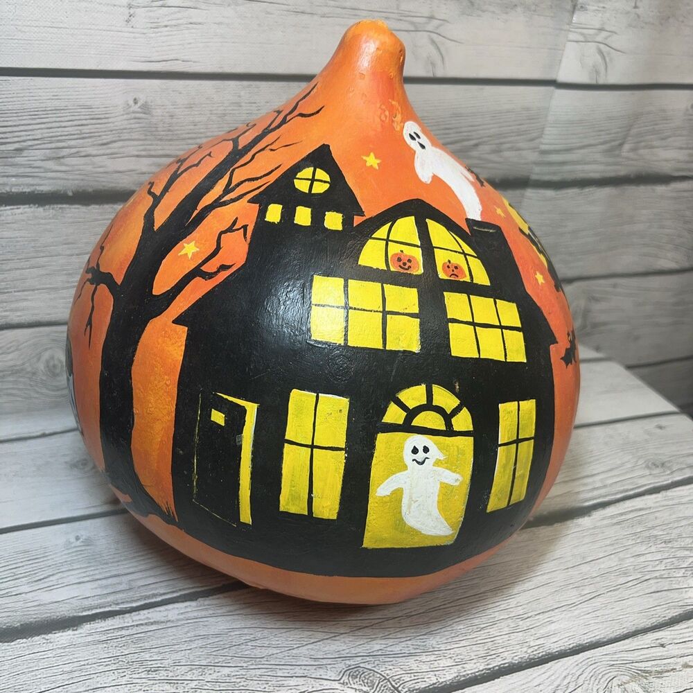 Halloween Original Gourd , old houses ,church, bats Hand painted
